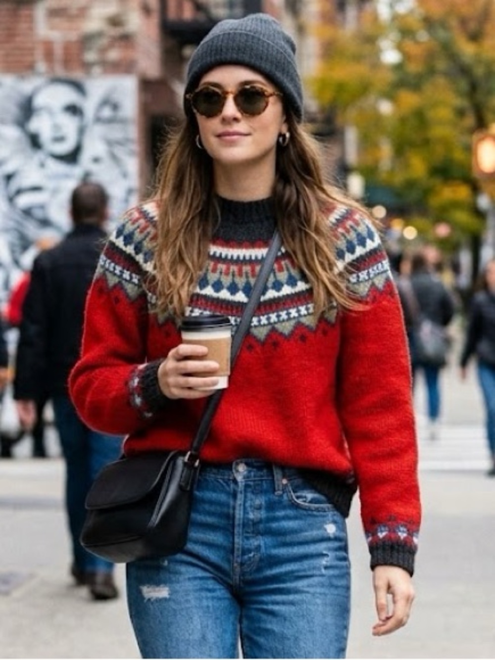 Eddie Bauer Red Fair Isle Crewneck Sweater with Blue, Cream & Gray